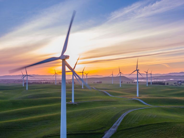 A wind farm with the sun setting